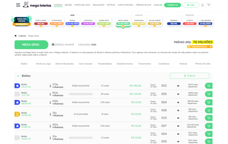 Imagem da página inicial do Mega Loterias