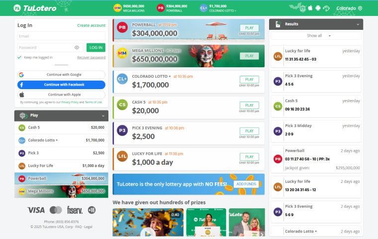 Imagem da página inicial do site internacional TuLotero