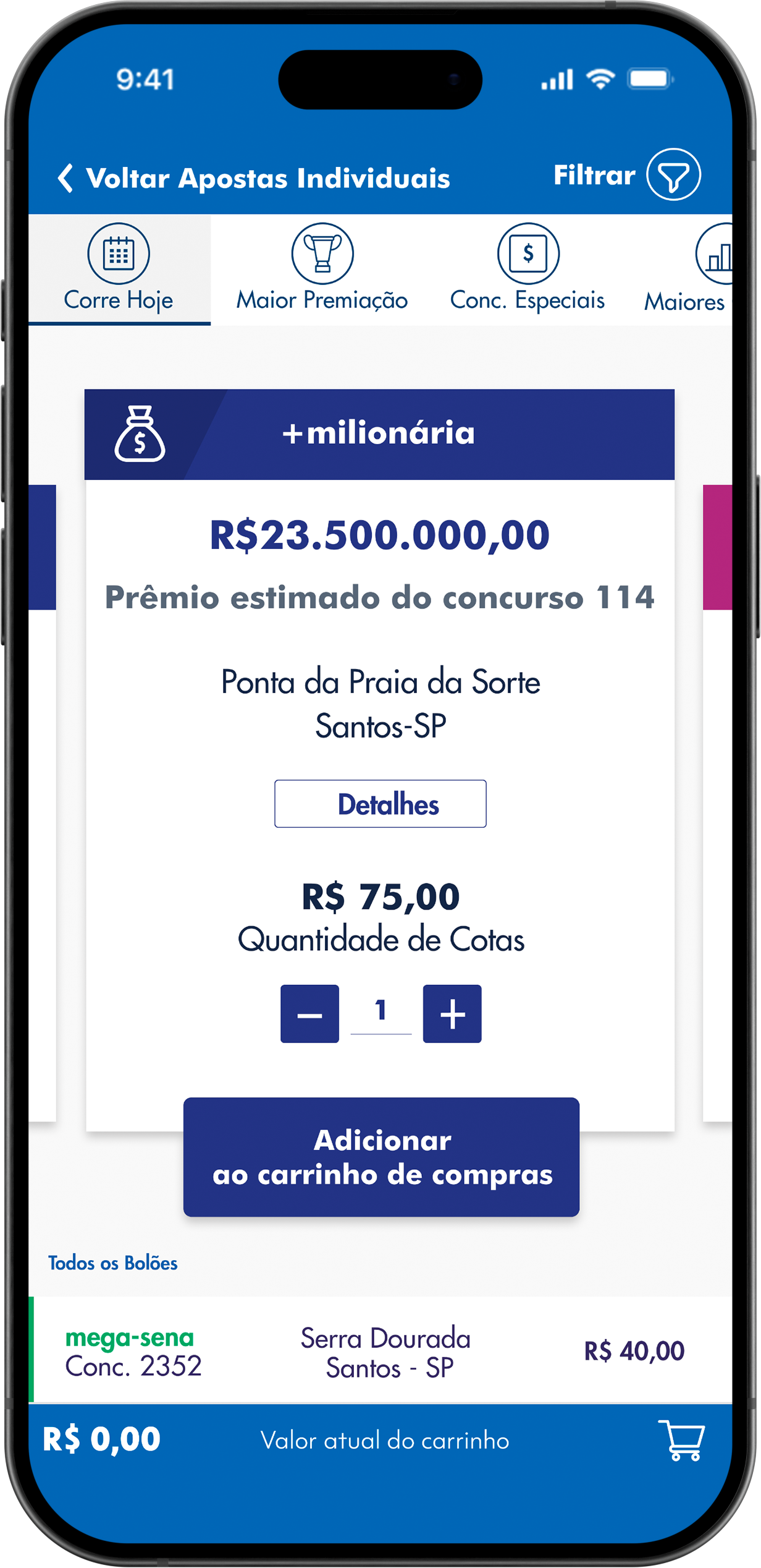 Mockup da tela de seleção de bolão