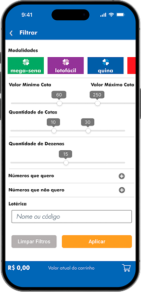 Mockup da tela de filtros de aposta
