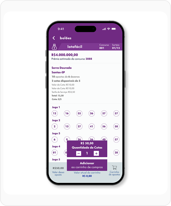 Tela do aplicativo Lotofácil