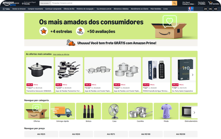 Imagem da página inicial da Amazon