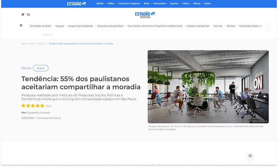Print da matéria do Estadão Imóveis sobre moradia